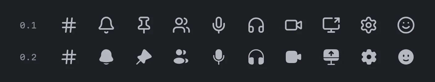 The same ten icons in 0.1 and 0.2: hash, bell, pin, people, microphone, headphones, camera, screen share, settings and smiley, as thin lines in 0.1 and filled in 0.2.